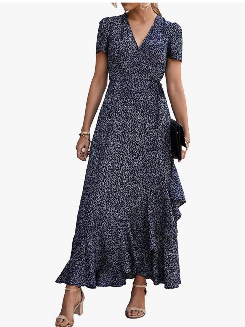 Navy Floral Wrap Maxi Dress with Tie Waist